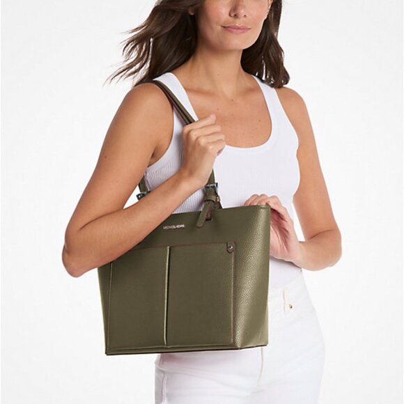 New Michael Kors Jet Set Travel Medium Double Pocket Tote Olive - Picture 2 of 3